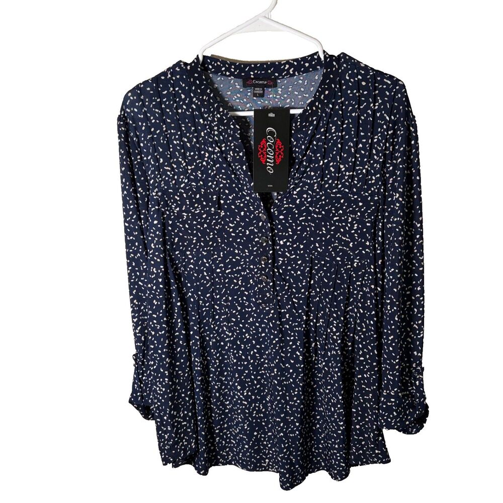 Cocomo Blouse Women's Large Navy Blue Popover Printed Shirt Top 3/4 Sleeve